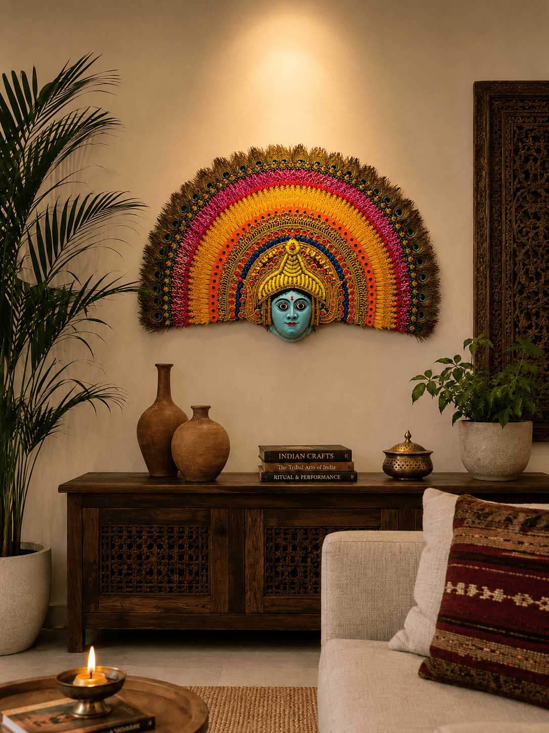 Chhau-inspired collectible mask placed in a considered interior, Maskriti